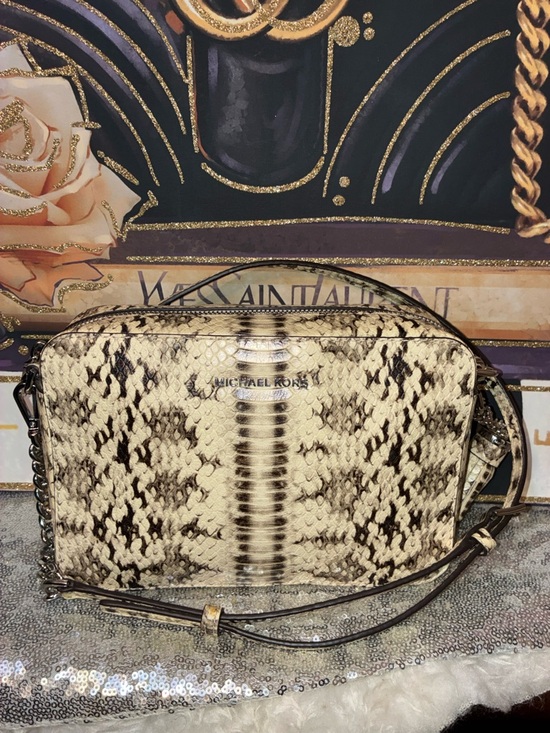 Michael Kors Handbags - Michael Kors Beige and Brown Snake-Print Crossbody Bag